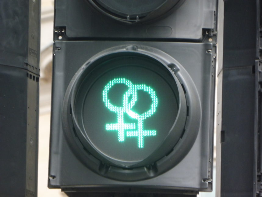 England London around Trafalgar Square lesbian traffic lights again